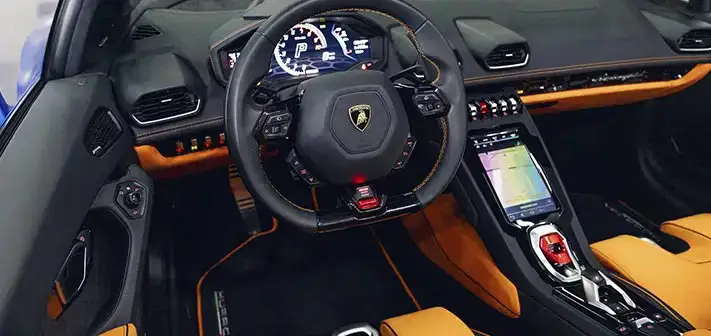 matte-blue-lamborghini-huracan-evo-spyder-rental-interior-view-orlando-exotic-car-rentals