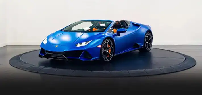 matte-blue-lamborghini-huracan-evo-spyder-rental-profile-view-orlando-exotic-car-rentals