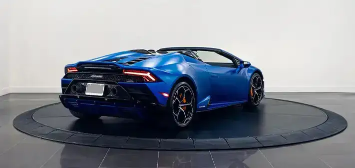 matte-blue-lamborghini-huracan-evo-spyder-rental-rear-view-orlando-exotic-car-rentals