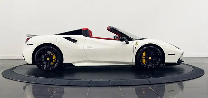 white-ferrari-488-spider-rental-side-view-orlando-exotic-car-rentals