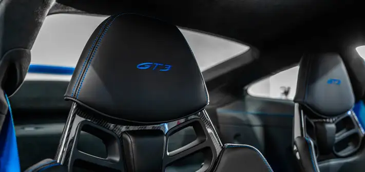 Blue Porsche 911 GT3 rental interior view - Orlando exotic car rental