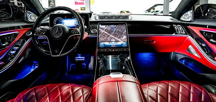 Black on red Mercedes Benz S Class 580 rental interior view - Orlando exotic car rentals