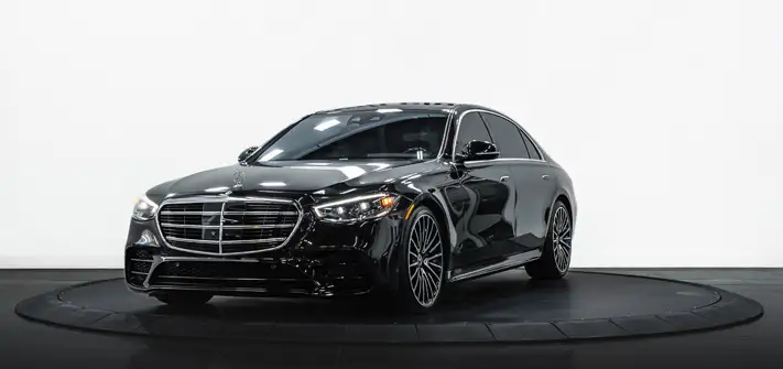 Black on red Mercedes Benz S Class 580 rental profile view - Orlando exotic car rentals