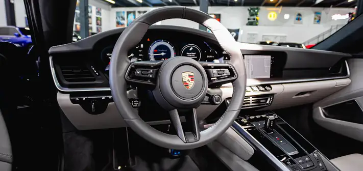 Blue Porsche 911 turbo S rental dashboard view - Orlando Exotic Car Rentals